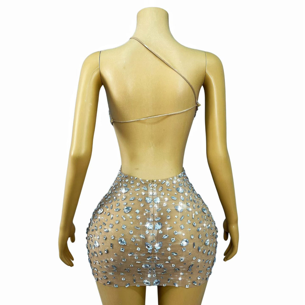CELESINYI Xiaoxingshan Crystal One-Shoulder Mini Dress