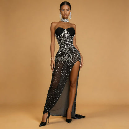 CELESINYI Xiongwuzuan Crystal Strapless Slit Gown