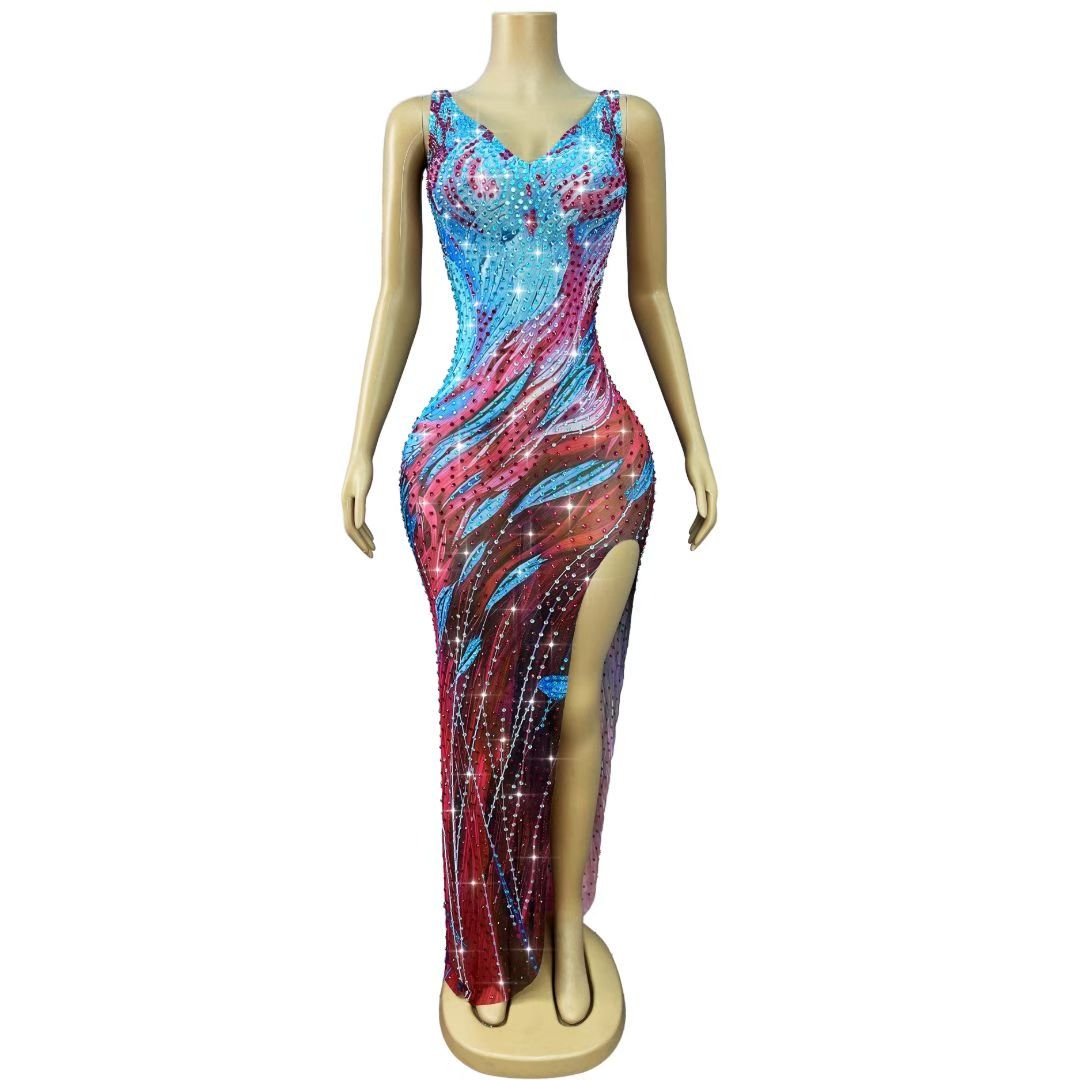 CELESINYI Haizhongye Crystal Ocean Print Slit Gown