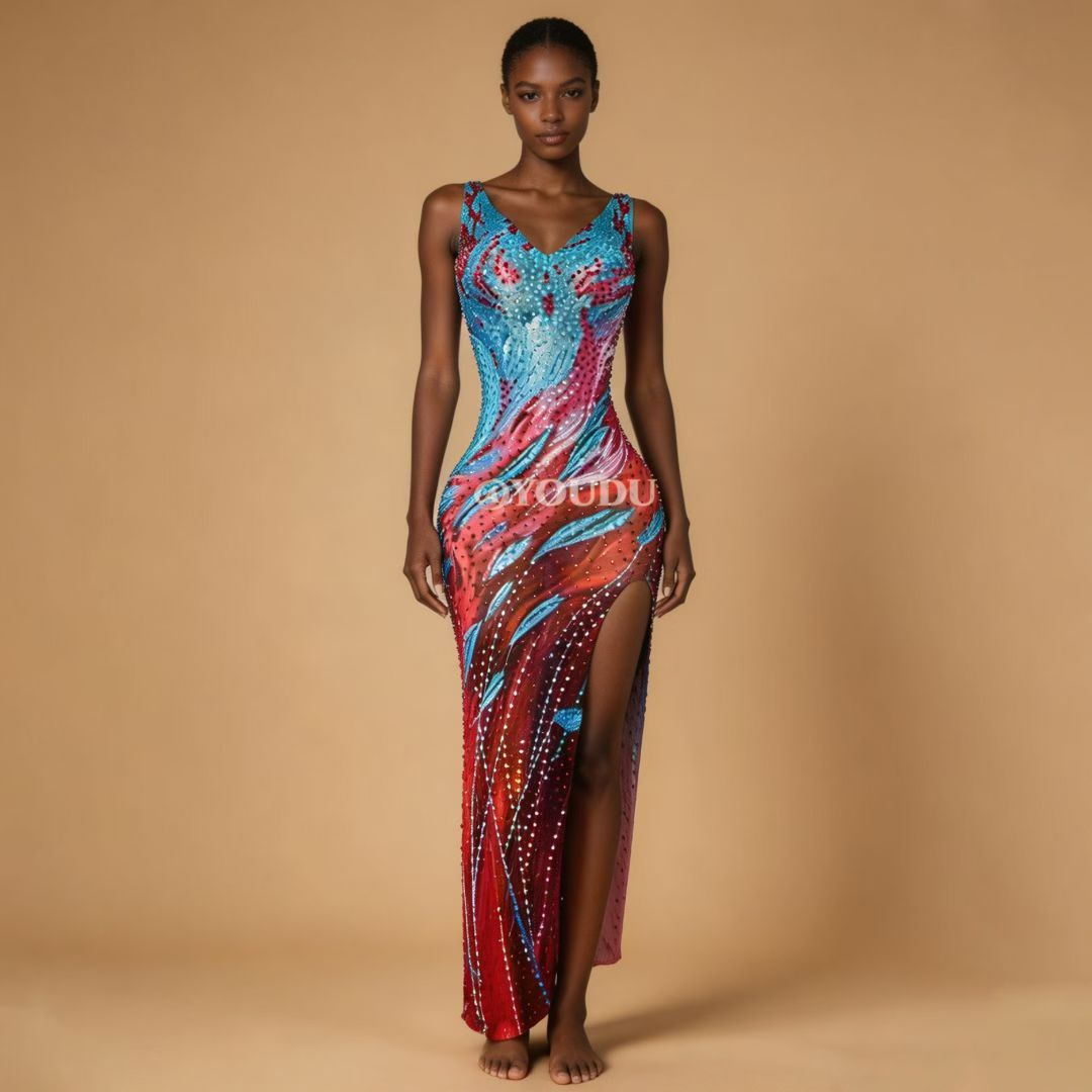 CELESINYI Haizhongye Crystal Ocean Print Slit Gown