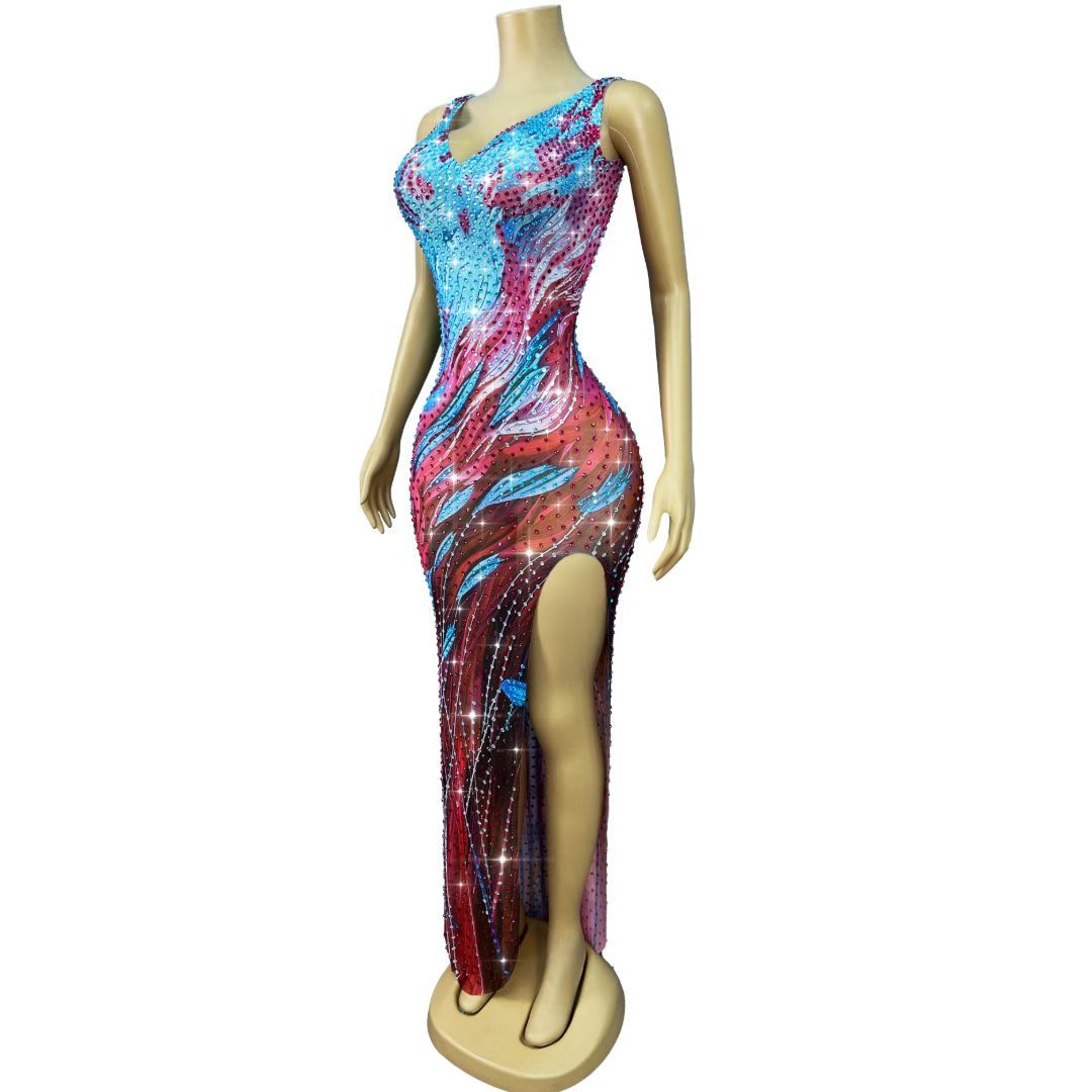 CELESINYI Haizhongye Crystal Ocean Print Slit Gown