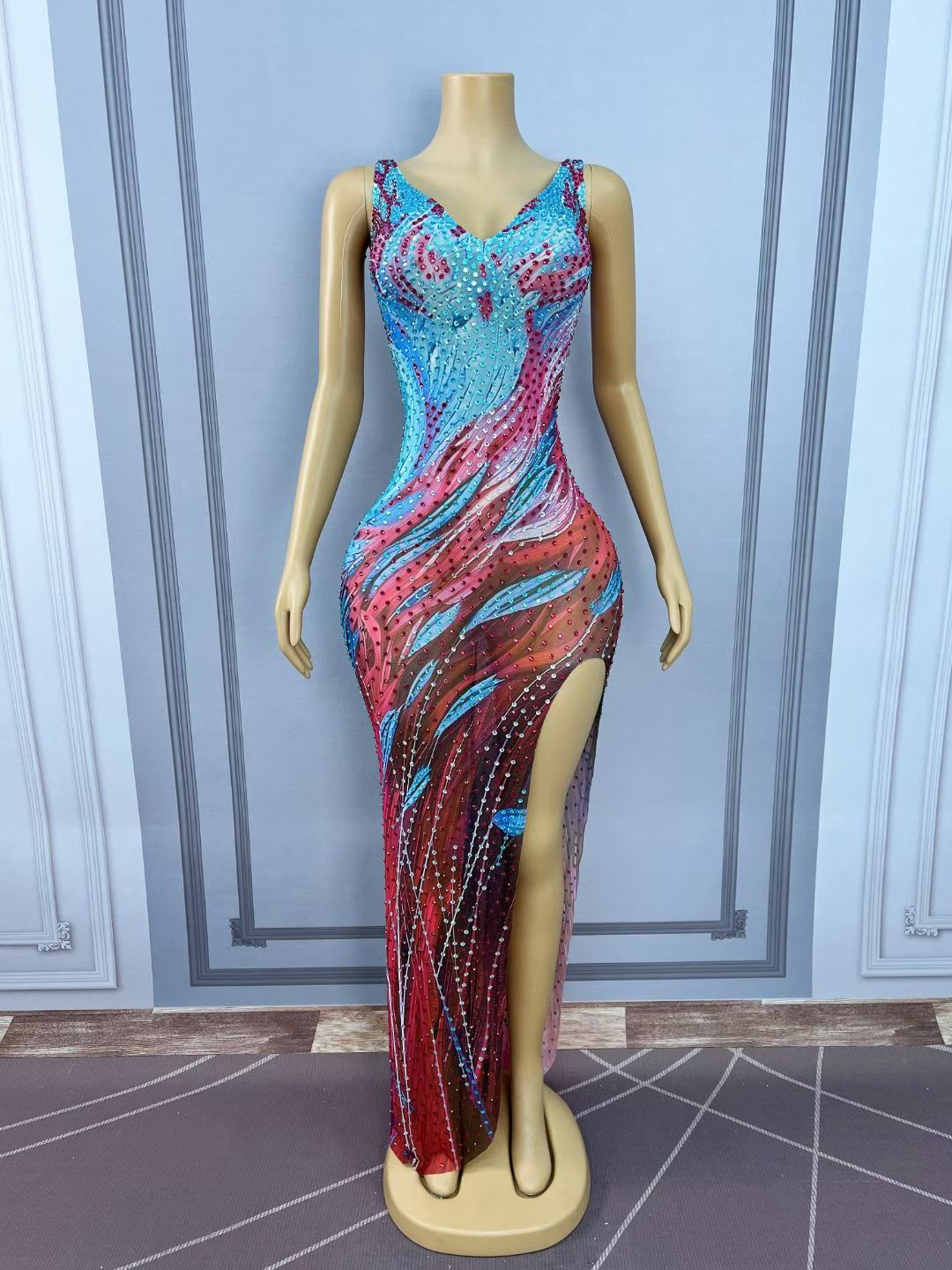 CELESINYI Haizhongye Crystal Ocean Print Slit Gown