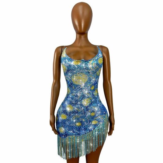CELESINYI Fangao Crystal Starry Night Mini Dress
