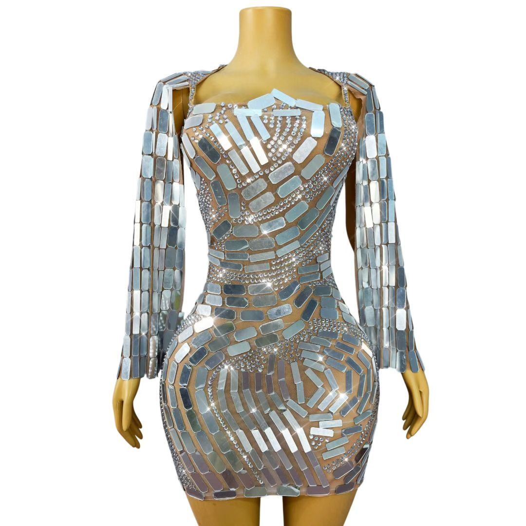 CELESINYI Boke Silver Mosaic Crystal Mini Dress