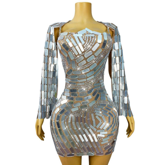 CELESINYI Boke Silver Mosaic Crystal Mini Dress
