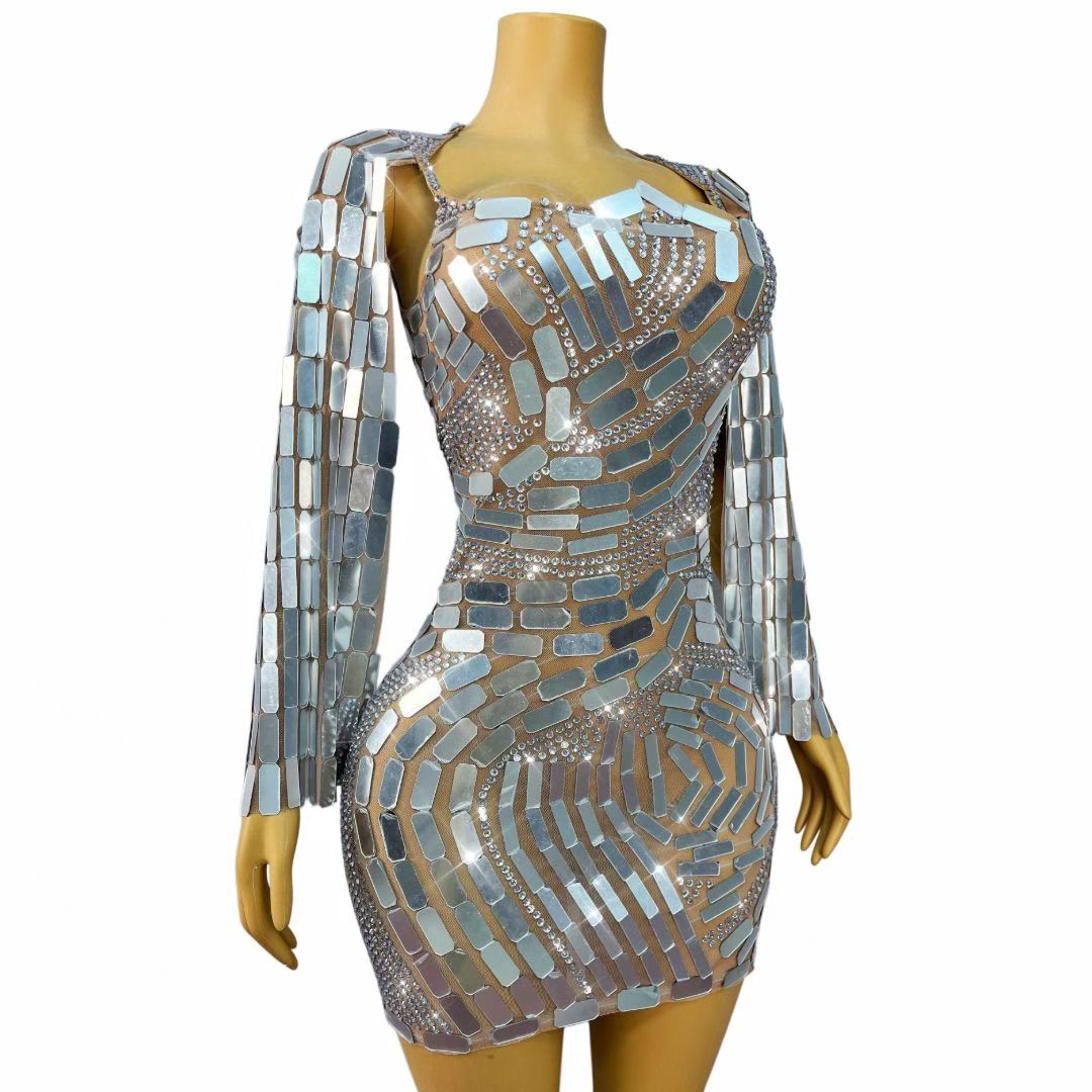 CELESINYI Boke Silver Mosaic Crystal Mini Dress