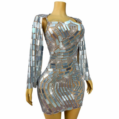 CELESINYI Boke Silver Mosaic Crystal Mini Dress