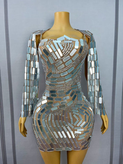 CELESINYI Boke Silver Mosaic Crystal Mini Dress