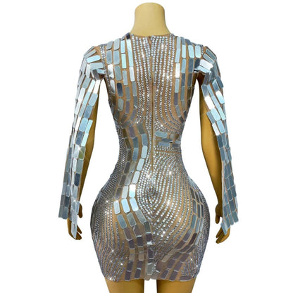 CELESINYI Boke Silver Mosaic Crystal Mini Dress