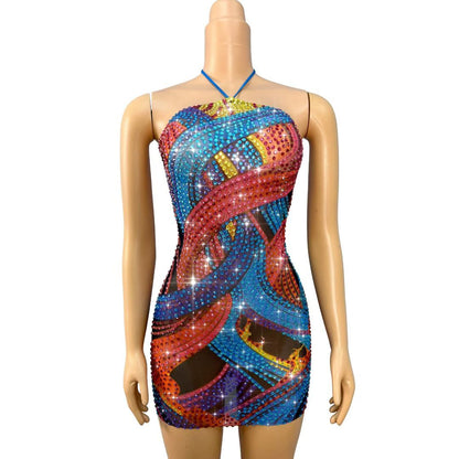 CELESINYI Caiqi Crystal Paint Print Halter Mini Dress