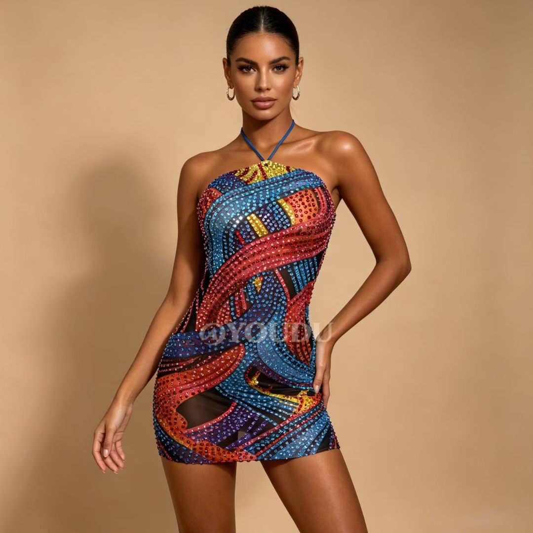 CELESINYI Caiqi Crystal Paint Print Halter Mini Dress