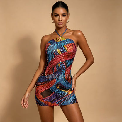 CELESINYI Caiqi Crystal Paint Print Halter Mini Dress