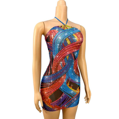 CELESINYI Caiqi Crystal Paint Print Halter Mini Dress
