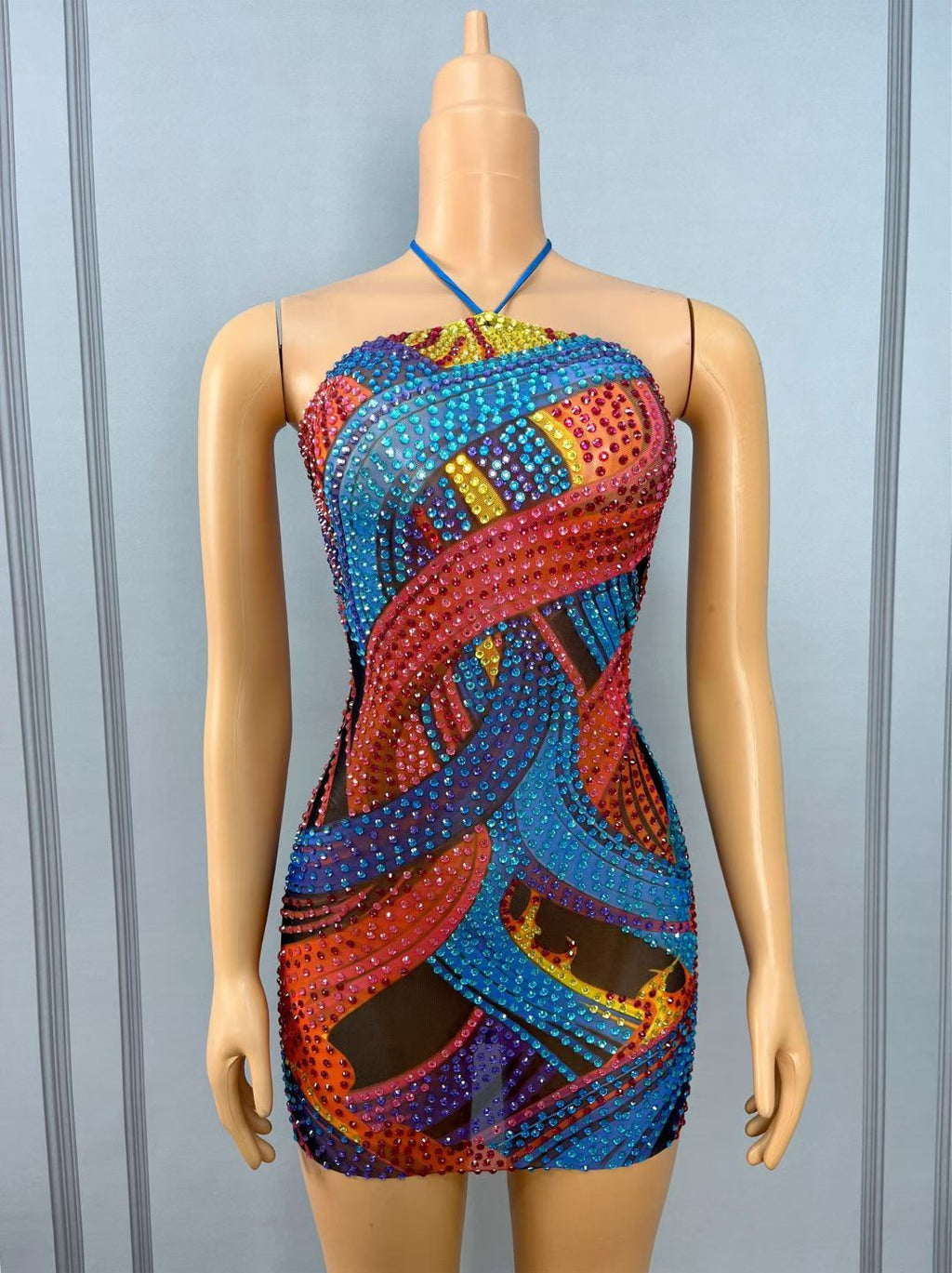 CELESINYI Caiqi Crystal Paint Print Halter Mini Dress