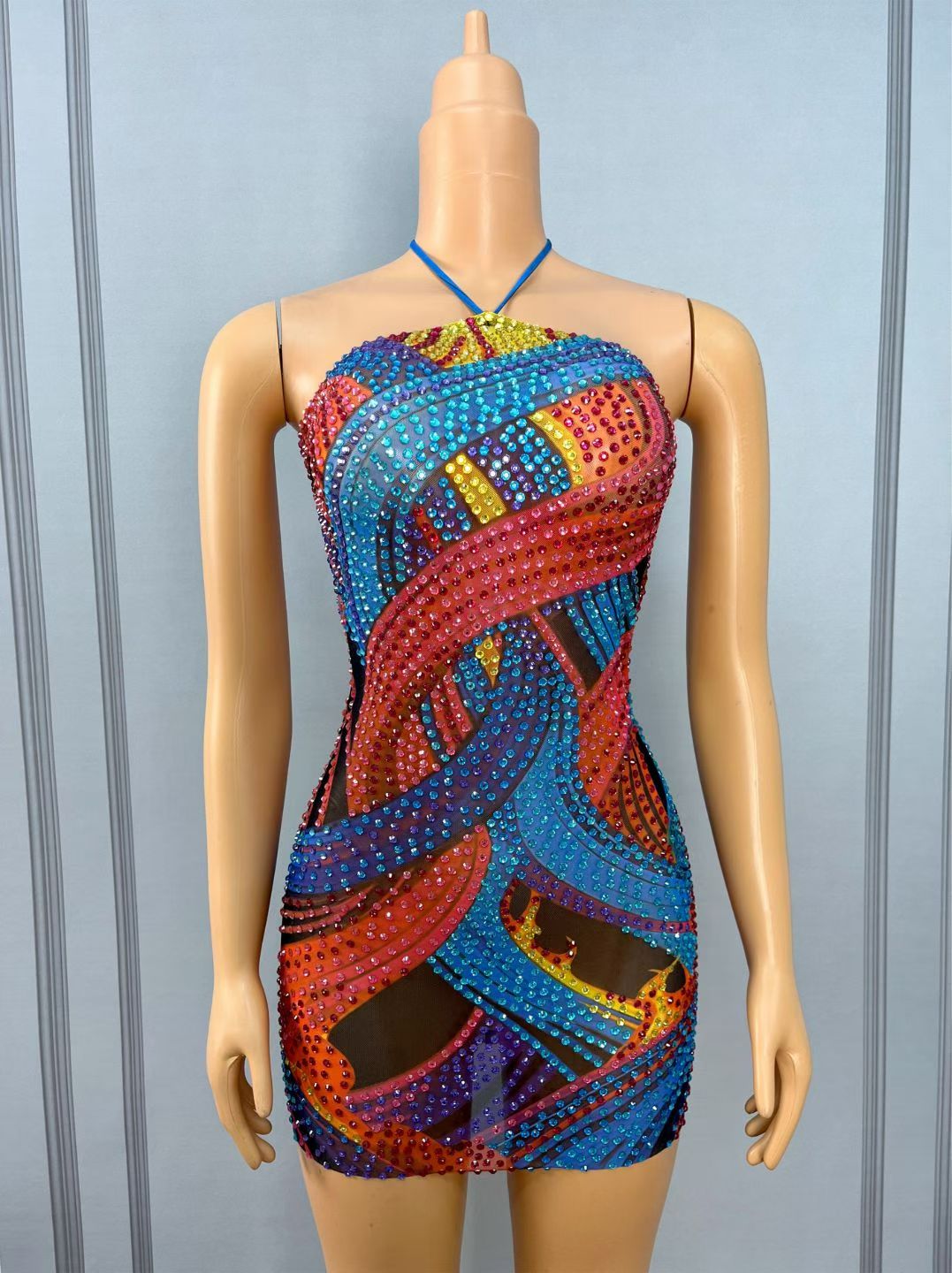 CELESINYI Caiqi Crystal Paint Print Halter Mini Dress