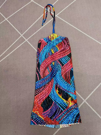 CELESINYI Caiqi Crystal Paint Print Halter Mini Dress