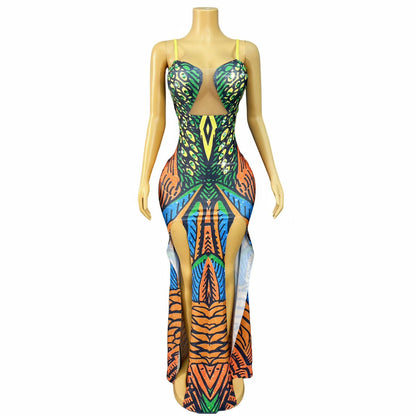 CELESINYI Qianzhenfeng Crystal Peacock Print Dress