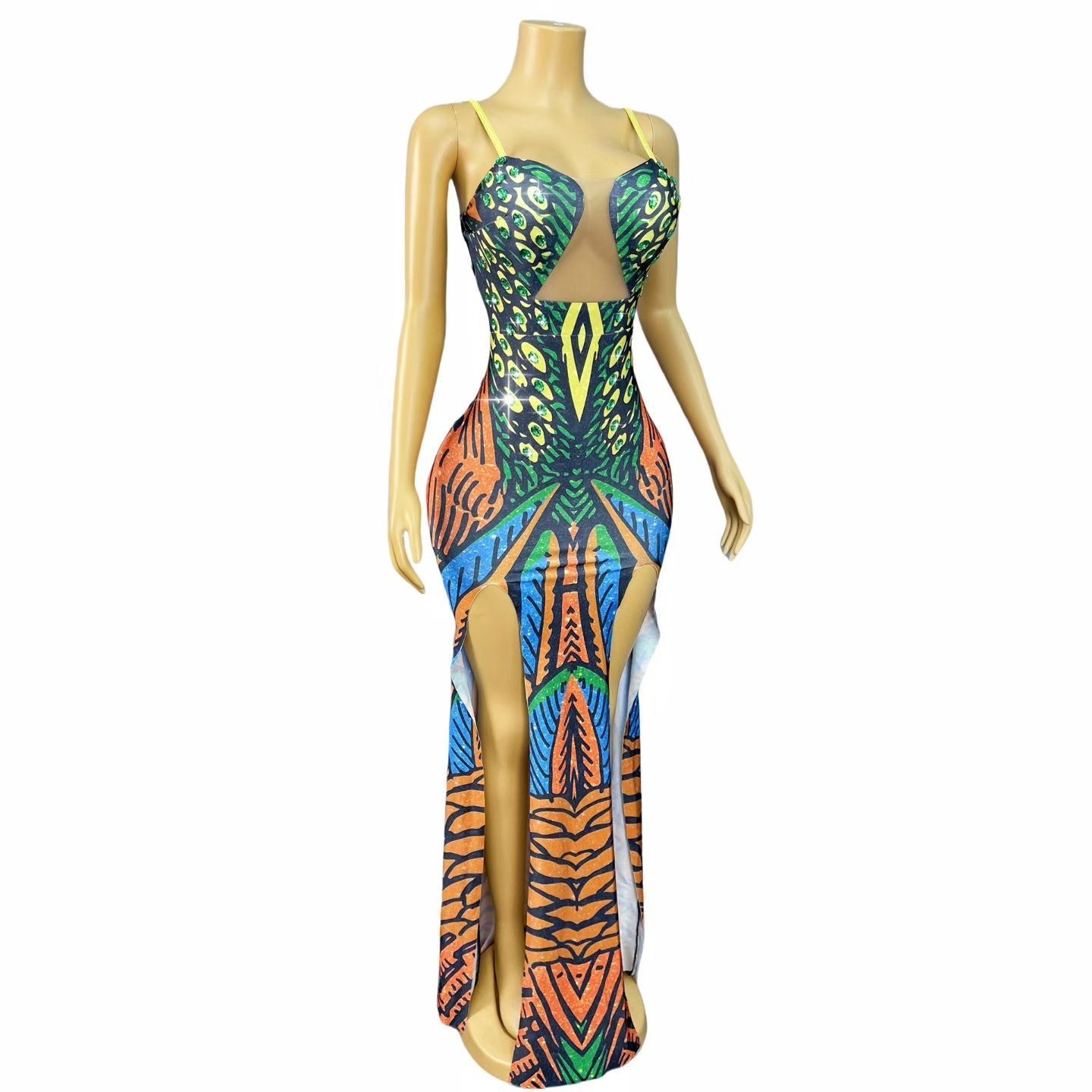 CELESINYI Qianzhenfeng Crystal Peacock Print Dress