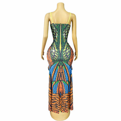 CELESINYI Qianzhenfeng Crystal Peacock Print Dress