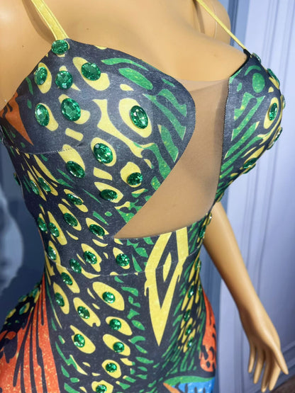 CELESINYI Qianzhenfeng Crystal Peacock Print Dress