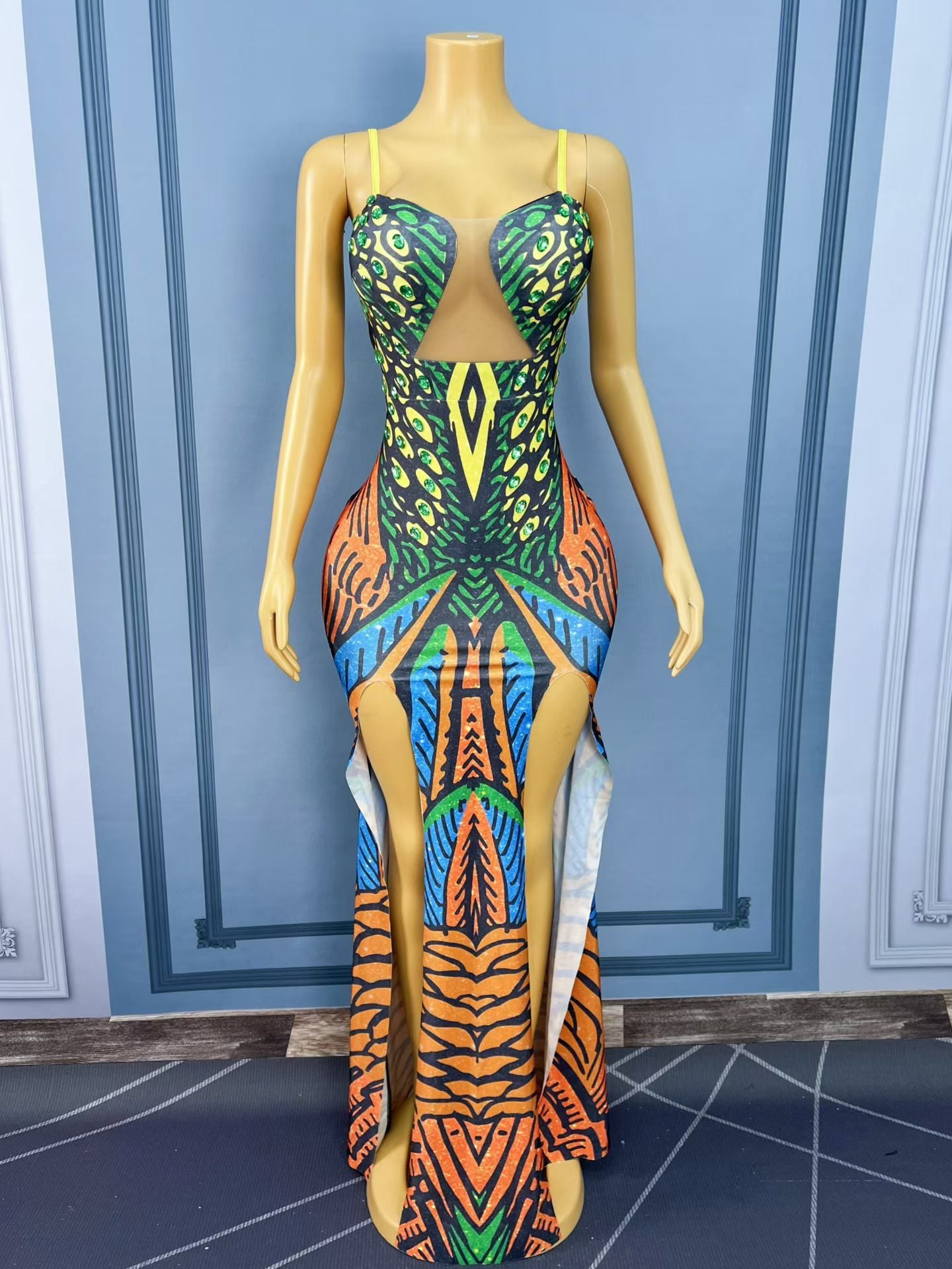 CELESINYI Qianzhenfeng Crystal Peacock Print Dress