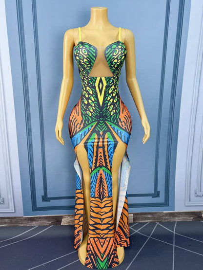 CELESINYI Qianzhenfeng Crystal Peacock Print Dress