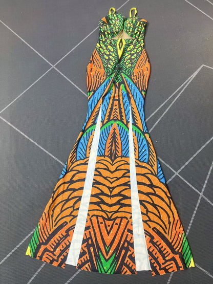 CELESINYI Qianzhenfeng Crystal Peacock Print Dress