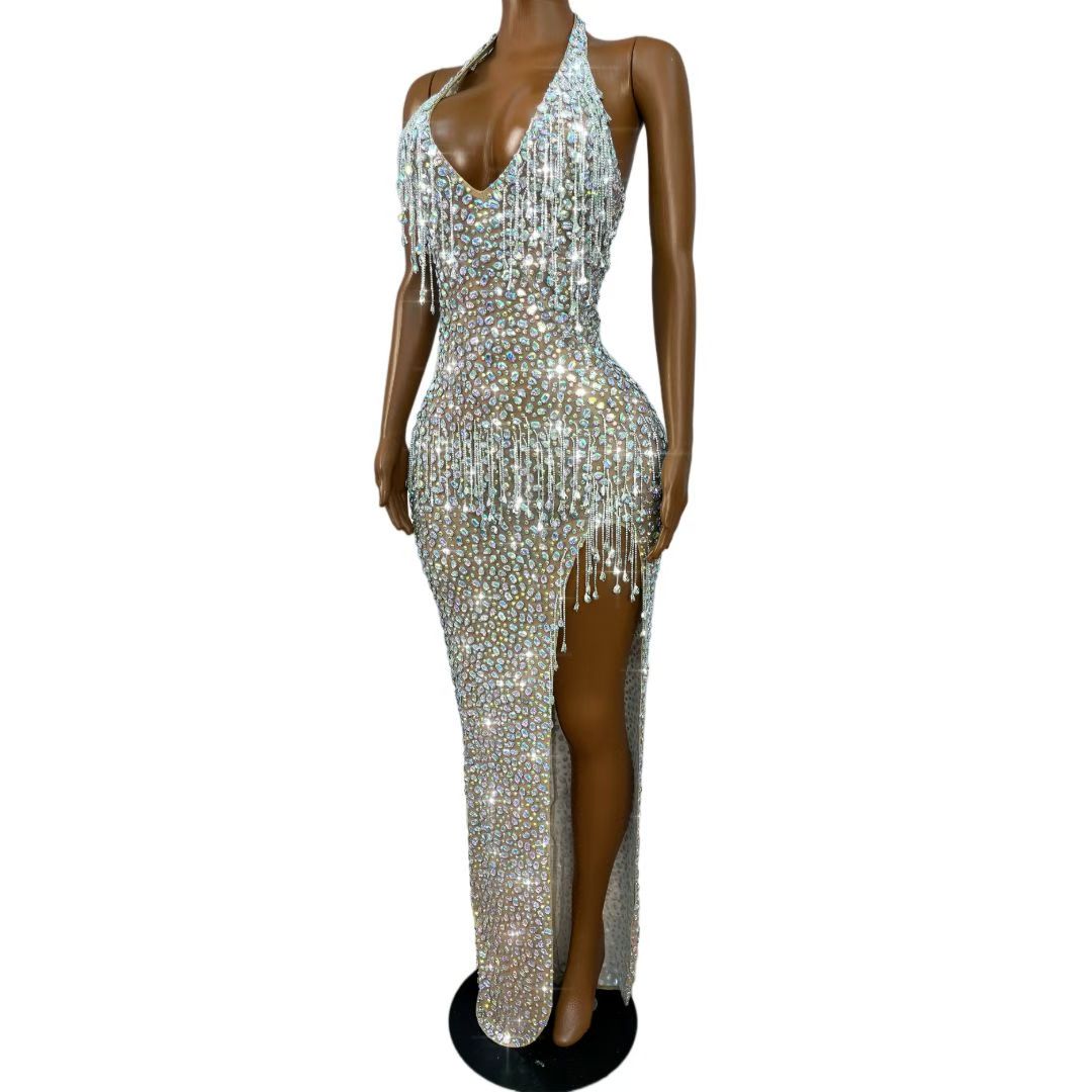 CELESINYI Wulongweibo Crystal Fringe Halter Gown