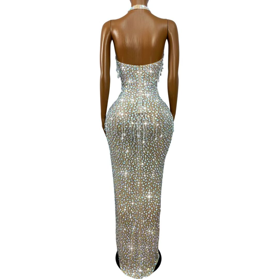 CELESINYI Wulongweibo Crystal Fringe Halter Gown