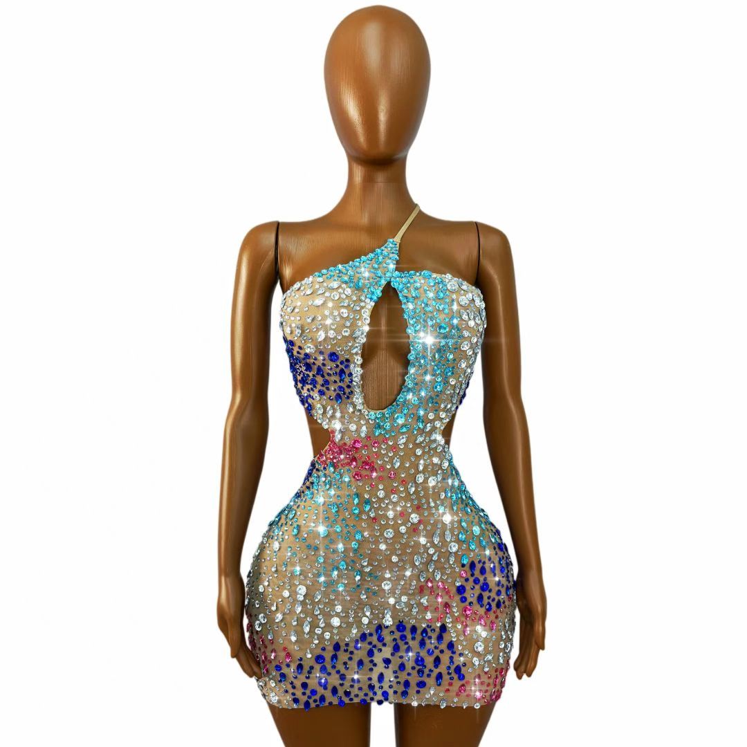 CELESINYI Pintupian Crystal Color Block Mini Skirt Nude Mesh