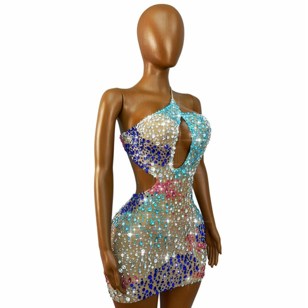 CELESINYI Pintupian Crystal Color Block Mini Skirt Nude Mesh