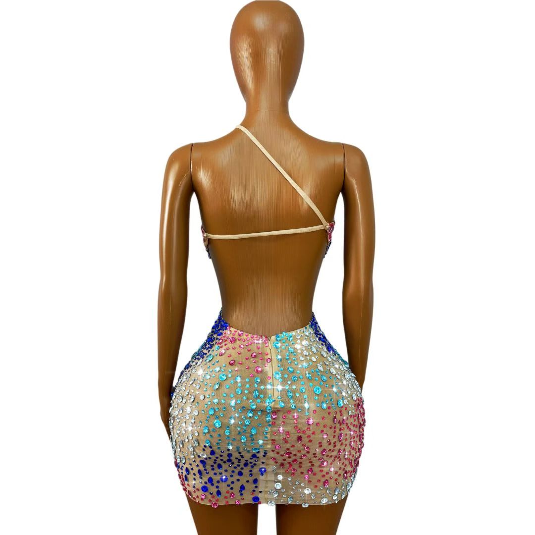 CELESINYI Pintupian Crystal Color Block Mini Skirt Nude Mesh