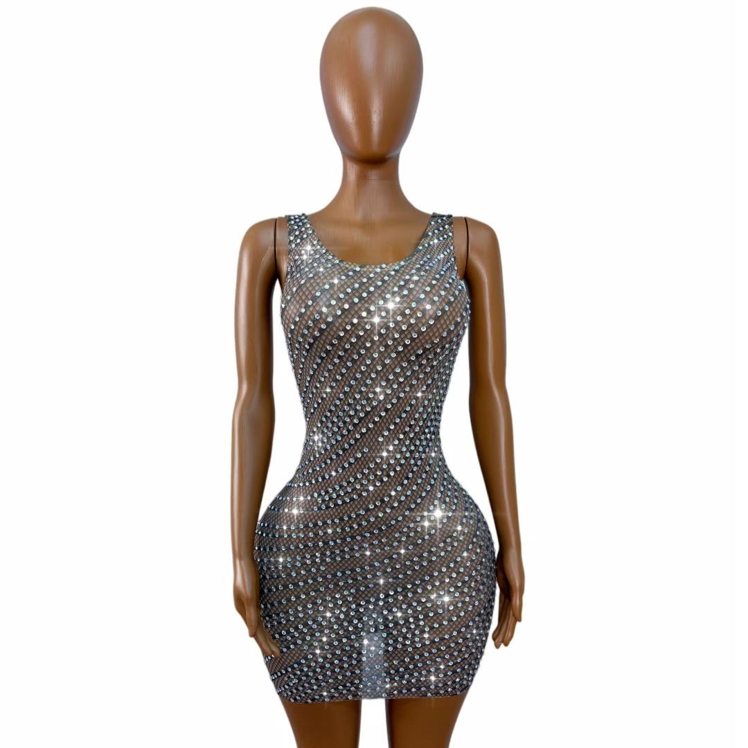 CELESINYI Xianxingyi Crystal Line Fishnet Mini Dress