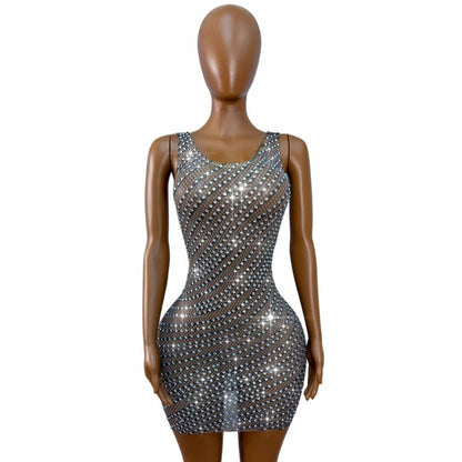 CELESINYI Xianxingyi Crystal Line Fishnet Mini Dress
