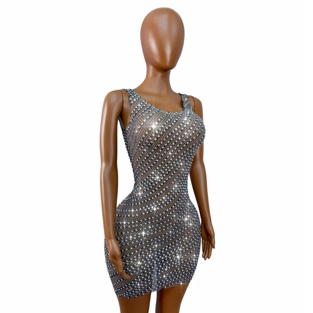 CELESINYI Xianxingyi Crystal Line Fishnet Mini Dress