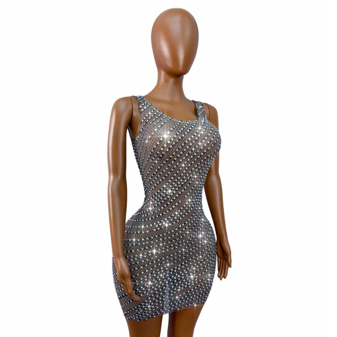 CELESINYI Xianxingyi Crystal Line Fishnet Mini Dress