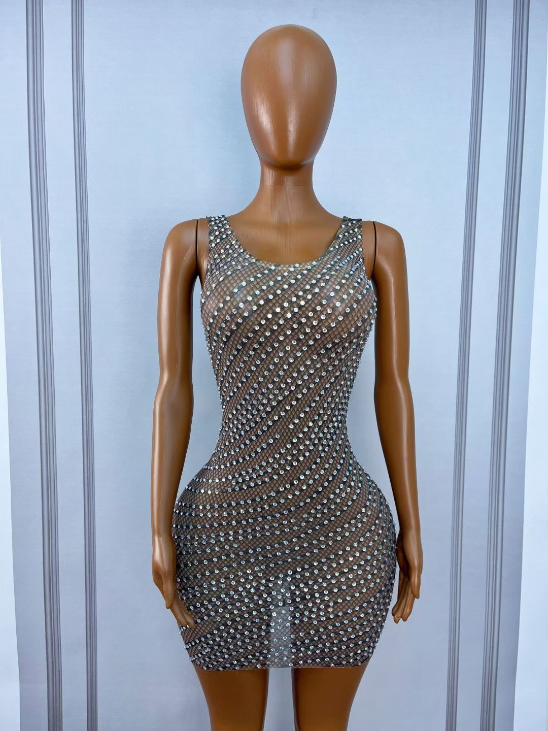 CELESINYI Xianxingyi Crystal Line Fishnet Mini Dress