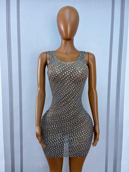 CELESINYI Xianxingyi Crystal Line Fishnet Mini Dress
