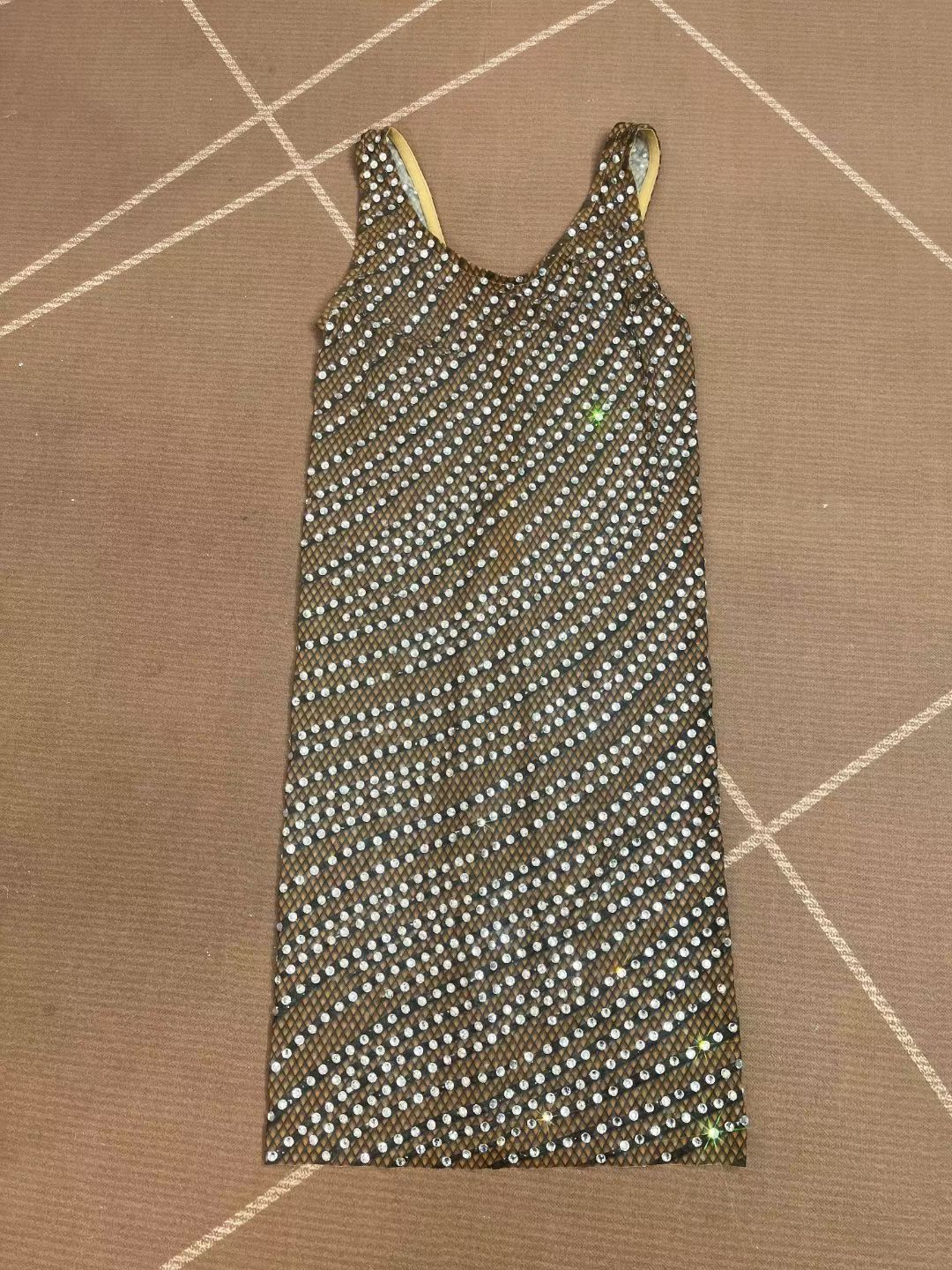 CELESINYI Xianxingyi Crystal Line Fishnet Mini Dress