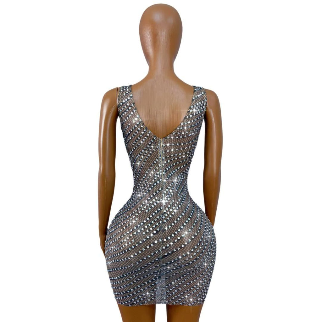 CELESINYI Xianxingyi Crystal Line Fishnet Mini Dress
