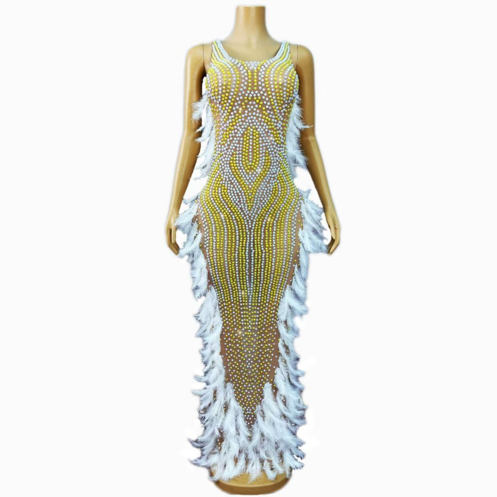 CELESINYI Zhuhai Crystal Pearl Feather Gown
