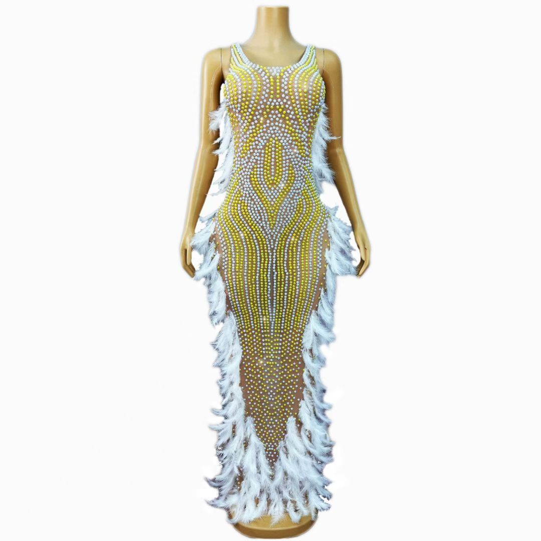 CELESINYI Zhuhai Crystal Pearl Feather Gown