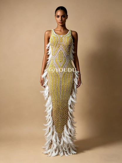 CELESINYI Zhuhai Crystal Pearl Feather Gown