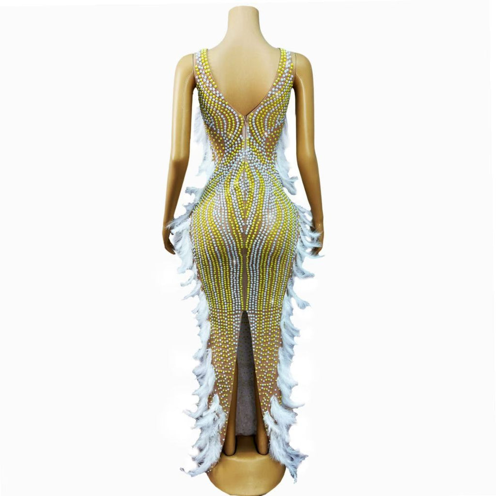 CELESINYI Zhuhai Crystal Pearl Feather Gown