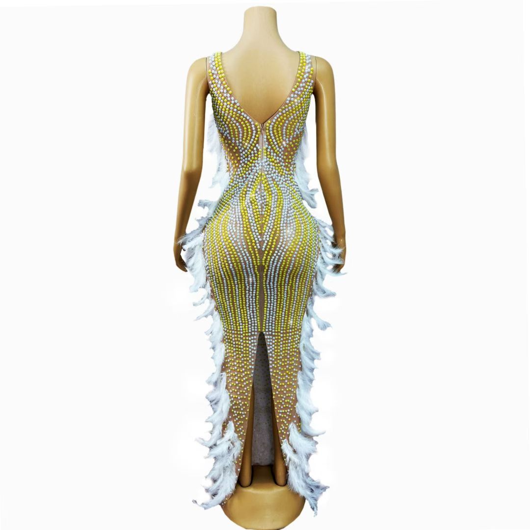 CELESINYI Zhuhai Crystal Pearl Feather Gown