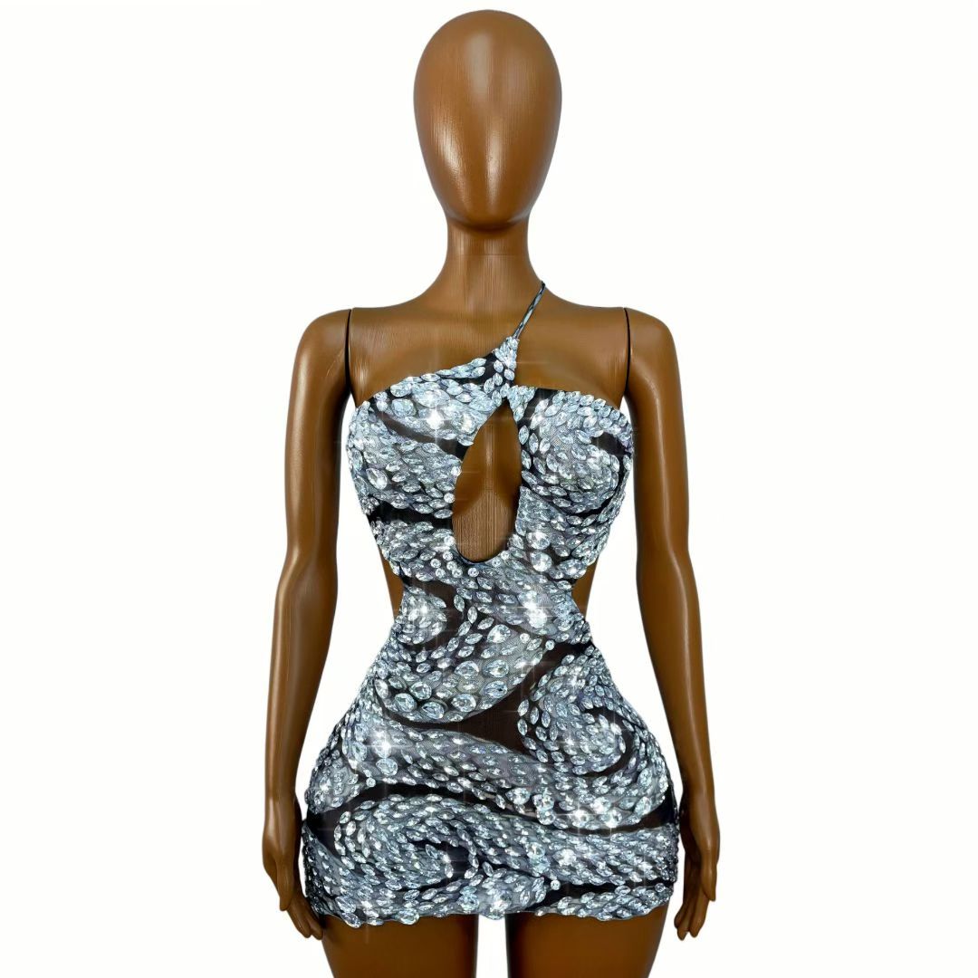 CELESINYI Raobaishe Crystal Cutout Mini Dress