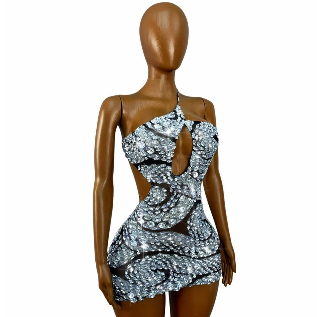 CELESINYI Raobaishe Crystal Cutout Mini Dress