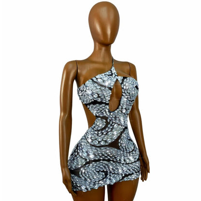CELESINYI Raobaishe Crystal Cutout Mini Dress