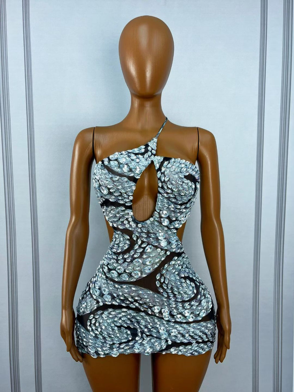 CELESINYI Raobaishe Crystal Cutout Mini Dress