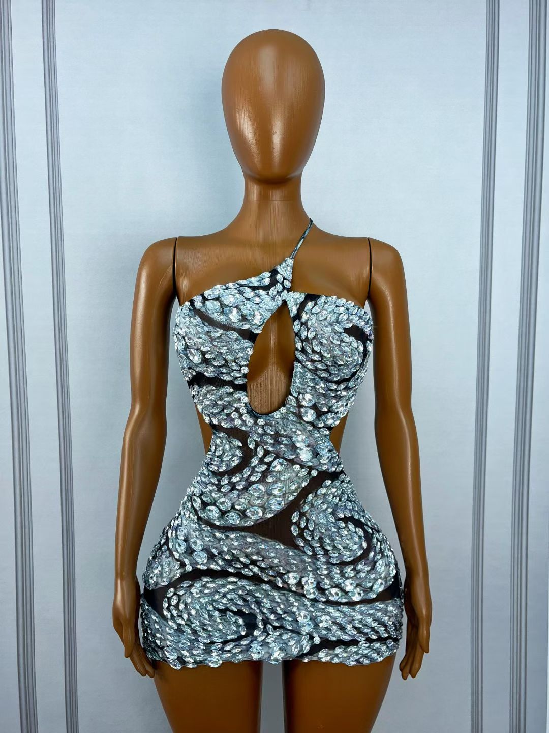 CELESINYI Raobaishe Crystal Cutout Mini Dress